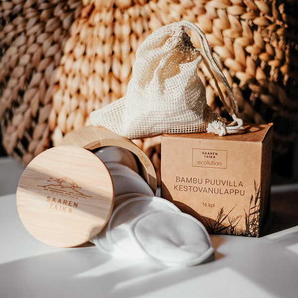 Bambu-puuvilla kestovanulaput 16kpl + pesupussi + bambu säilytysrasia SH 22,95€