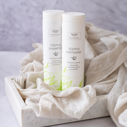 Nestemäinen Teepuuhoitoaine, hilseelle, kutiavalle päänahkalle, normaaleille ja rasvoittuville hiuksille, luonnollinen, silikoniton, parabeeniton, 200ml - Saaren Taika Ecolution