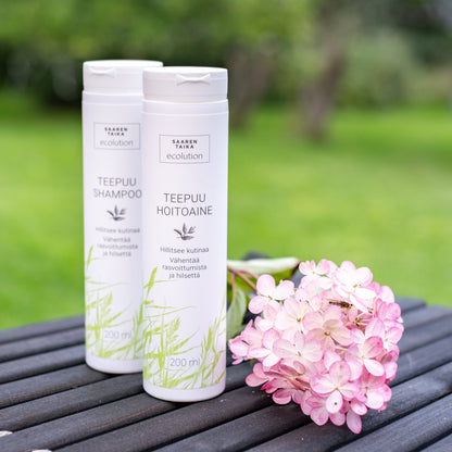 Nestemäinen Teepuuhoitoaine, hilseelle, kutiavalle päänahkalle, normaaleille ja rasvoittuville hiuksille, luonnollinen, silikoniton, parabeeniton, 200ml - Saaren Taika Ecolution