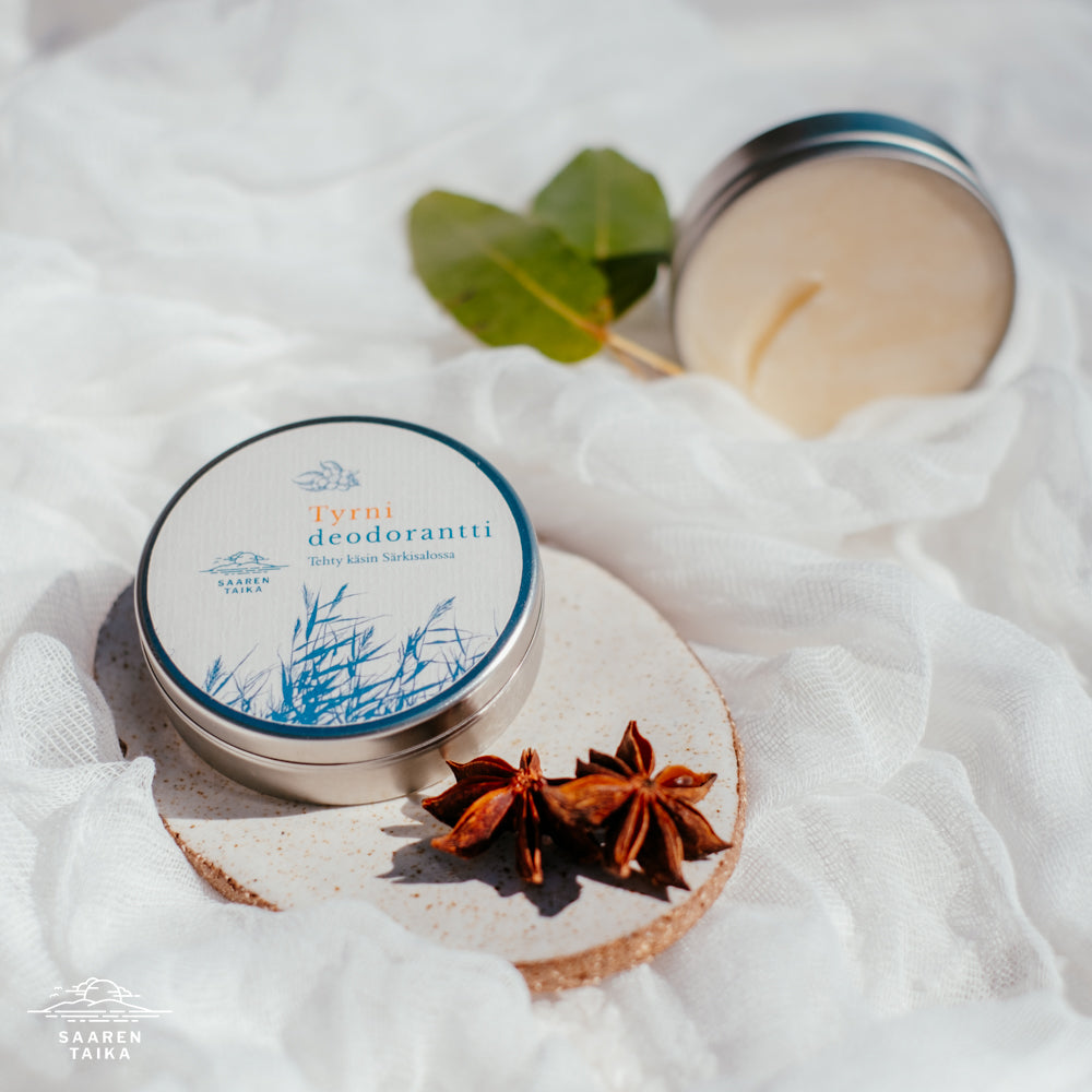 Saaren Taika Tyrni deodorantti on luomu, vegaaninen, alumiiniton ja soodaton. N. 50ml 